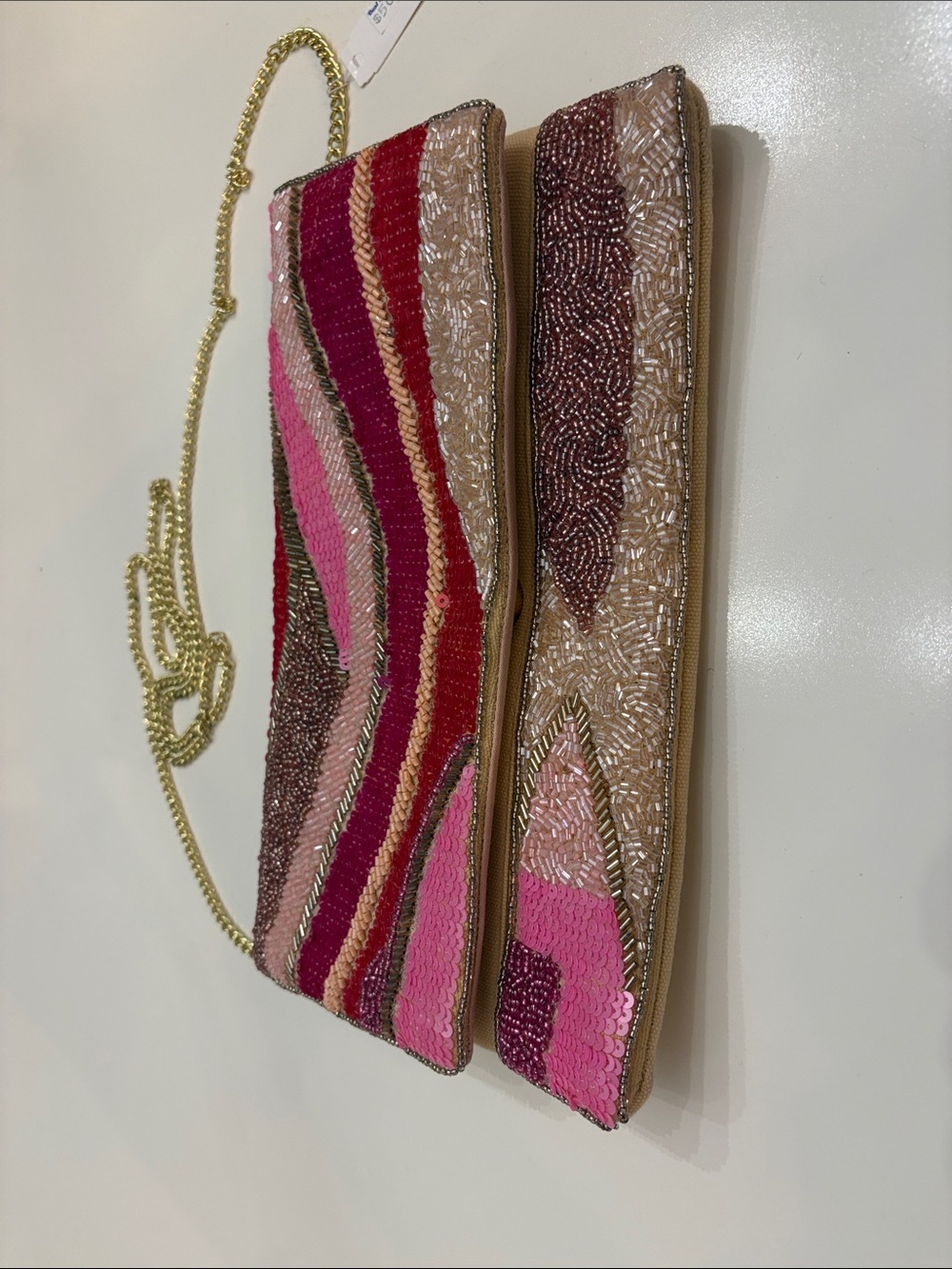 Best of Everything Pink Red Beaded Wave Clutch Bag Handmade Sequin Evening Purse